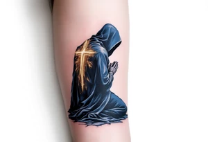 A Reaper kneeling in prayer, cloaked in deep navy blue with a glowing golden cross on the back. tattoo idea