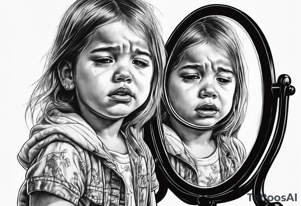 Little girl crying in the mirror with older self tattoo idea Little girl crying in the mirror with older self tattoo idea
