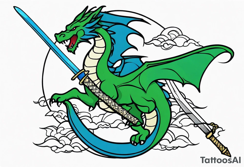 Blue and green dragon around a katana sword tattoo idea