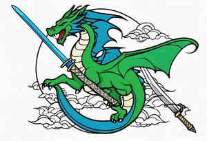 Blue and green dragon around a katana sword tattoo idea