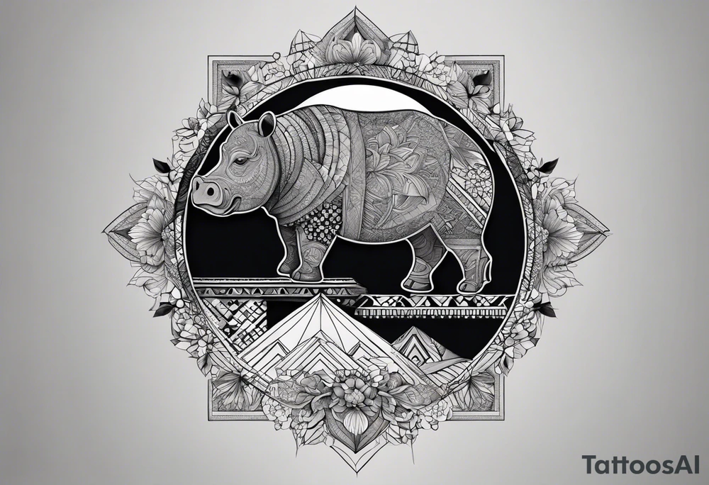Very asymmetrical, +geometric pattern, with realistic full moon, with hippo,+tribal, +geometric, +inkart , +blackwork, +grey scale, + sketch
with wintersweet flower bud, +for men, detailed layering , modify from my favourites , tattoo idea