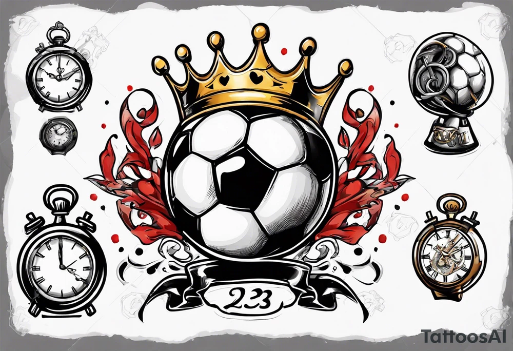 Ballon de foot avec un couronne,  une horloge avec le chiffre 23 au milieu tattoo idea