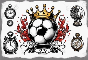 Ballon de foot avec un couronne,  une horloge avec le chiffre 23 au milieu tattoo idea