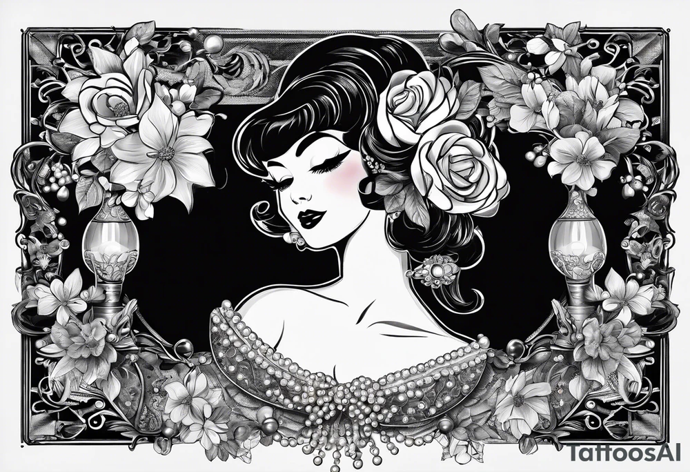 1950s perfume bottle and 1950s lipstick tube wrapped with pearls, hair bows, flowers, and lace. tattoo idea