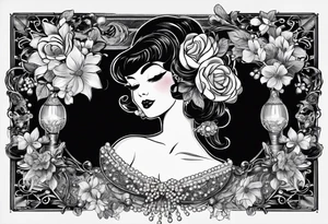 1950s perfume bottle and 1950s lipstick tube wrapped with pearls, hair bows, flowers, and lace. tattoo idea