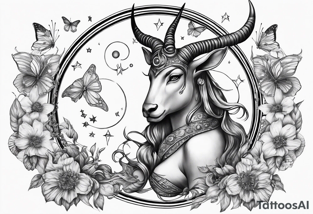 Capricorn tattoo with butterflies and moons with Saturn tattoo idea