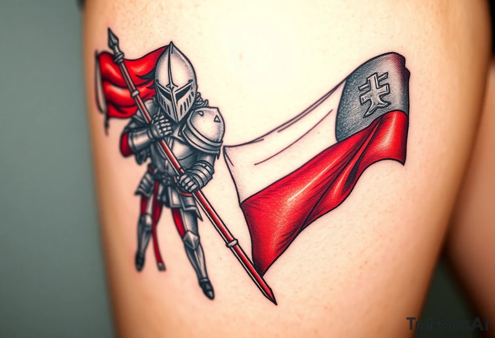 A knight in medieval armor holding a Czech flag, inspired by Hussite warriors, with battle-worn silver and red tones. tattoo idea