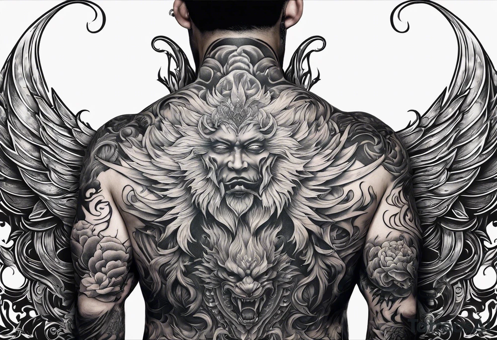 Shadow demon clawing at a mans back tattoo idea