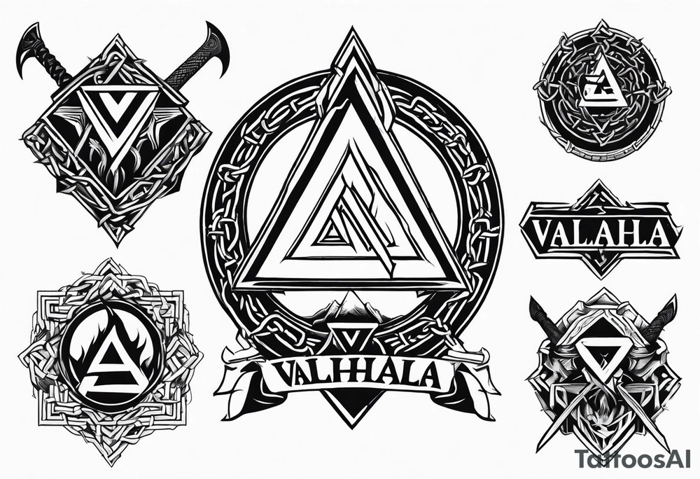 Valhalla sword shield axe barbed wire chains valknut fire tattoo idea Valhalla sword shield axe barbed wire chains valknut fire tattoo idea