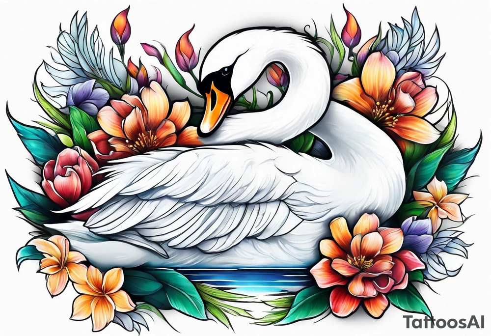 swan tattoo with botanical flowers tattoo idea