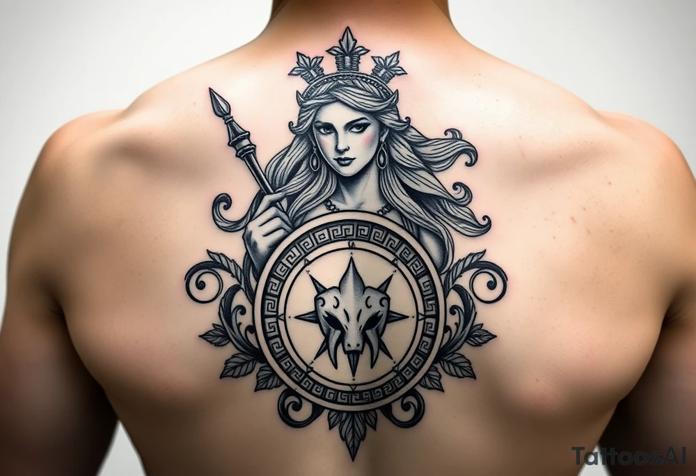 The goddess Athena with her Medusa shield and spear surrounded by Greek flourished designs tattoo idea