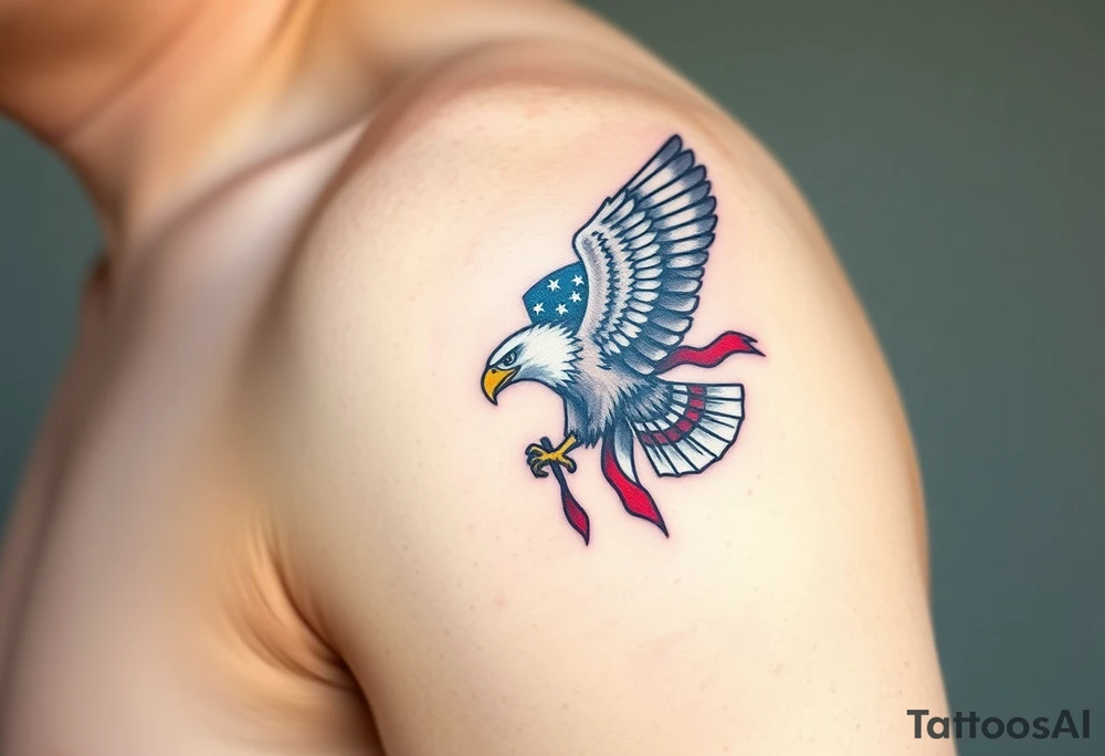 A bold American eagle clutching a tattered US flag in its talons, with vibrant red, white, and blue details tattoo idea