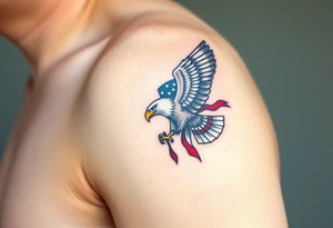 A bold American eagle clutching a tattered US flag in its talons, with vibrant red, white, and blue details tattoo idea