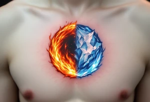 A small circle made of fire and ice: one half glowing orange-red, the other pale blue and white. tattoo idea