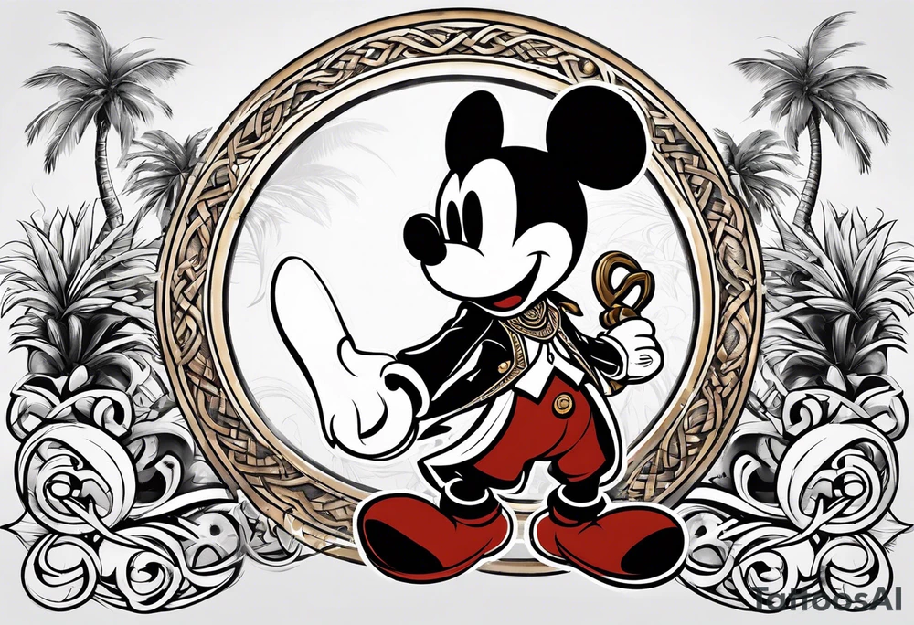 mickey mouse as assassins creed character with palm trees and celtic symbol for family tattoo idea