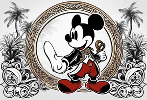 mickey mouse as assassins creed character with palm trees and celtic symbol for family tattoo idea