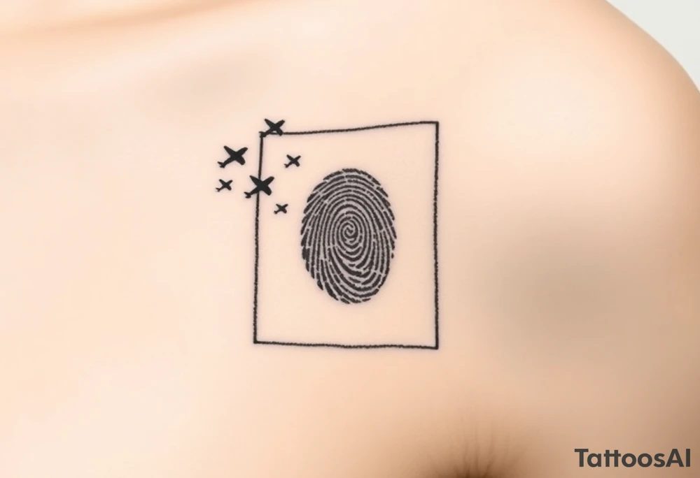 A rectangular or oval frame enclosing the fingerprint. Small planes fly out as if escaping or being released from the frame’s corner. Include a signature at the bottom of the frame

Signature: Etched into the bottom of the frame like an engraving. tattoo idea