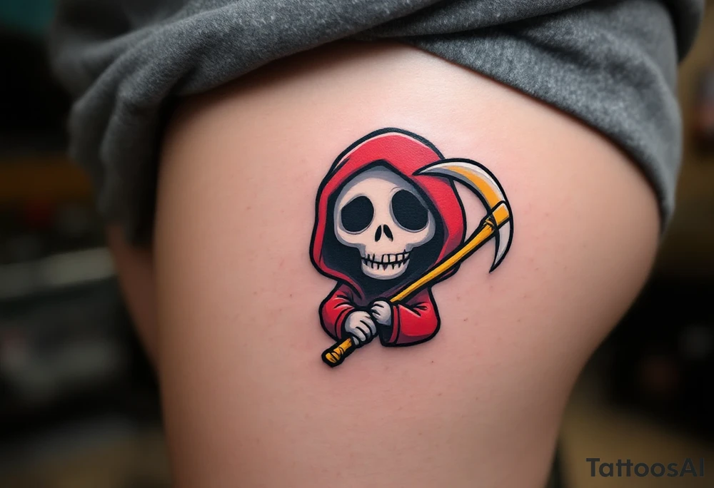 A cartoon-style Grim Reaper in a bright red hoodie holding a yellow scythe. tattoo idea