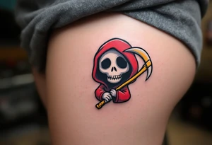 A cartoon-style Grim Reaper in a bright red hoodie holding a yellow scythe. tattoo idea