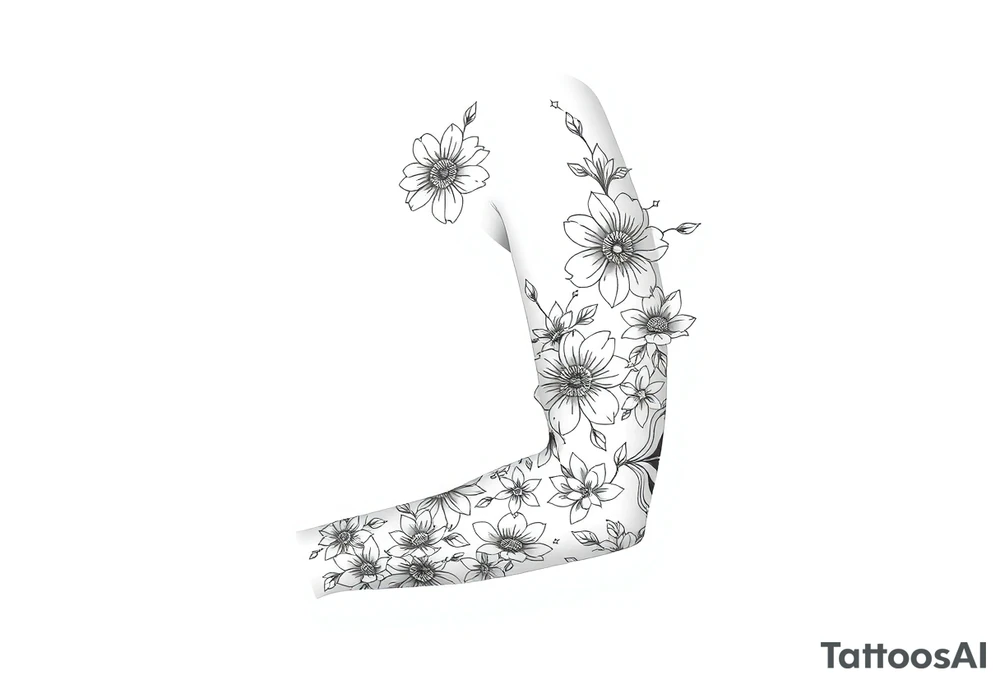 Doodles full sleeve with flowers. Not perfect lines. Abstract. Artistic. Unique tattoo idea