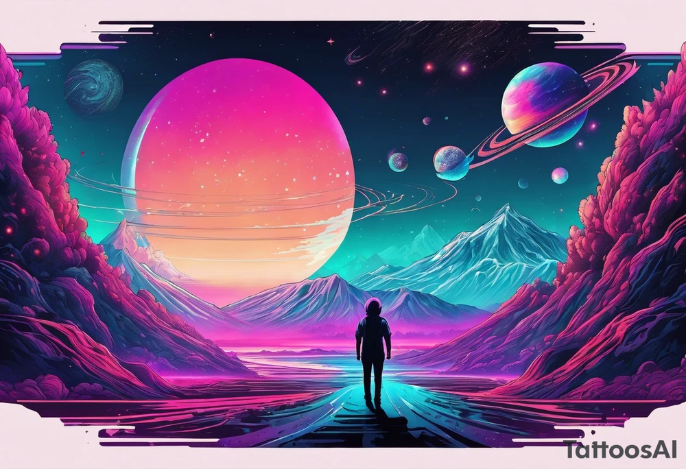 Full Back, synthwave, colossal Alien entities and space stuff, small human on The foreground in awe of The sheer scale of The infinite universe tattoo idea