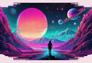 Full Back, synthwave, colossal Alien entities and space stuff, small human on The foreground in awe of The sheer scale of The infinite universe tattoo idea