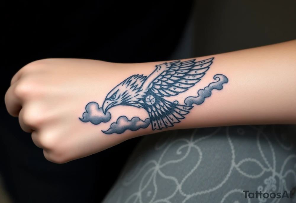 A Norse-inspired eagle with Viking runes etched into its feathers, surrounded by stormy clouds in deep grays and electric blue highlights tattoo idea