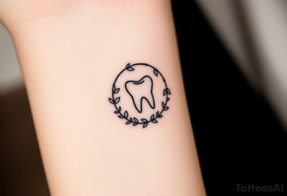 Tiny molar tooth outlined in black, framed by a crescent moon made of intertwining ivy leaves, soft stippled shading only at the crescent’s base.” tattoo idea
