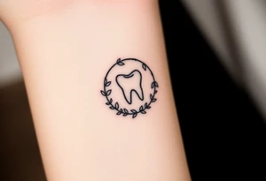 Tiny molar tooth outlined in black, framed by a crescent moon made of intertwining ivy leaves, soft stippled shading only at the crescent’s base.” tattoo idea