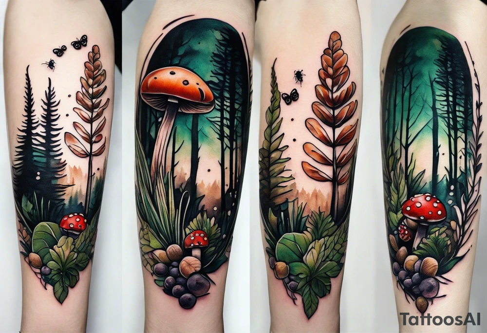 forest floor inspired minimalist tattoo, which includes grass, curly ferns, moss and dead leaves as the bulk of the tattoo. details to include: forest berries, a tiny bumblebee flying nearby, three small brown mushrooms
Generate a vertically long one tattoo idea