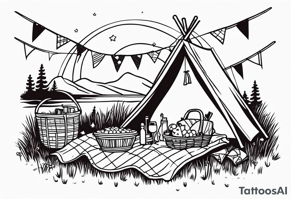 picnic scene on a meadow, with a sheckers blanket, basket, pillows and party pennants. Thin lines. tattoo idea
