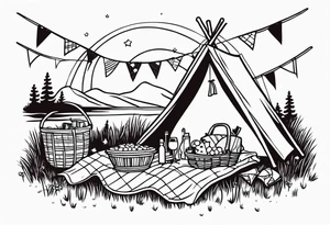 picnic scene on a meadow, with a sheckers blanket, basket, pillows and party pennants. Thin lines. tattoo idea