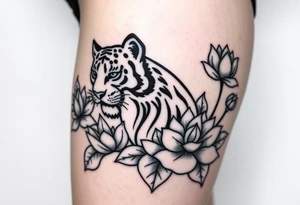 fierce tiger emerging through blooming lotus flowers in mist tattoo idea