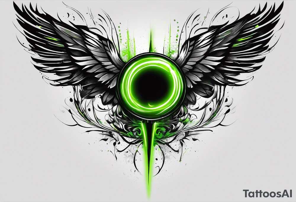 Forearm wing tattoo with streaks of neon green lightning going through/around it tattoo idea