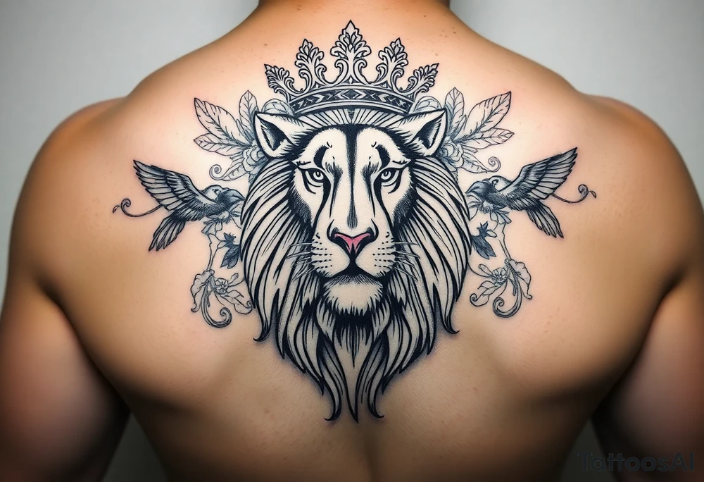 powerful majestic lion with a crown, surrounded by floral ornaments and birds tattoo idea
