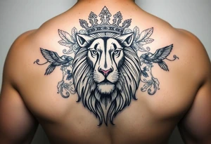 powerful majestic lion with a crown, surrounded by floral ornaments and birds tattoo idea