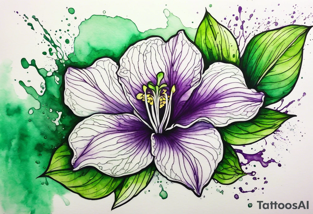 An outline of an only green rio dipladenia flower and a green/purple watercolor splash in the background tattoo idea