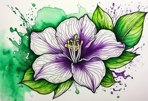 An outline of an only green rio dipladenia flower and a green/purple watercolor splash in the background tattoo idea