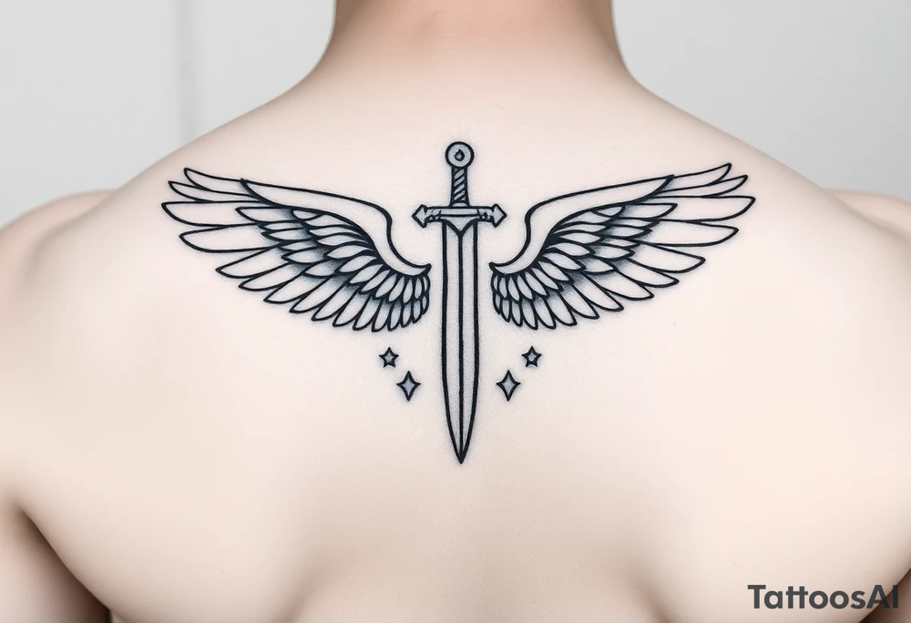 Wings surrounding sword and diamond shaped stars tattoo idea