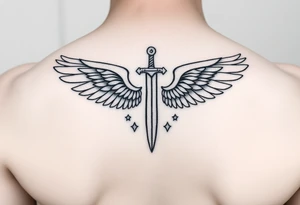 Wings surrounding sword and diamond shaped stars tattoo idea