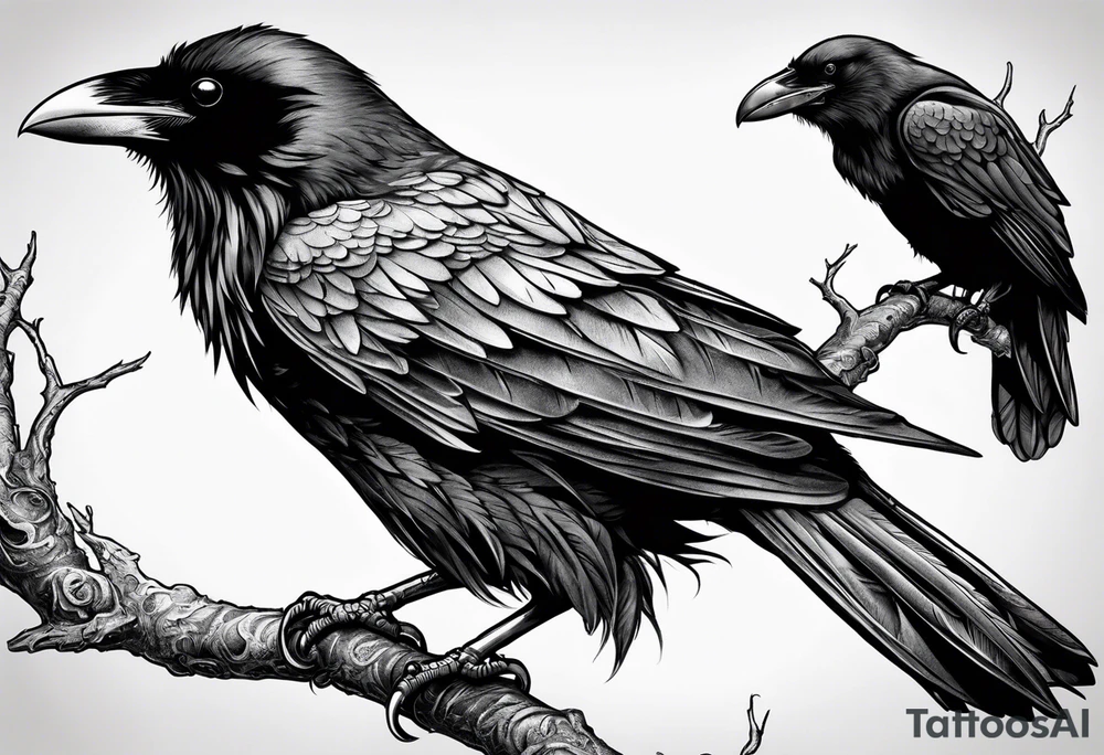 raven perched on branch tattoo idea