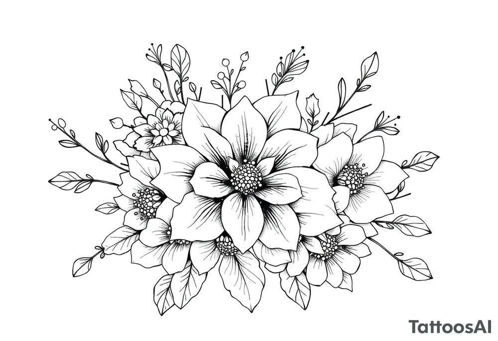 floral composition with japanese vibe, mutiple ornemental patern and leaf, dot geometric ornement, lycoris tattoo idea