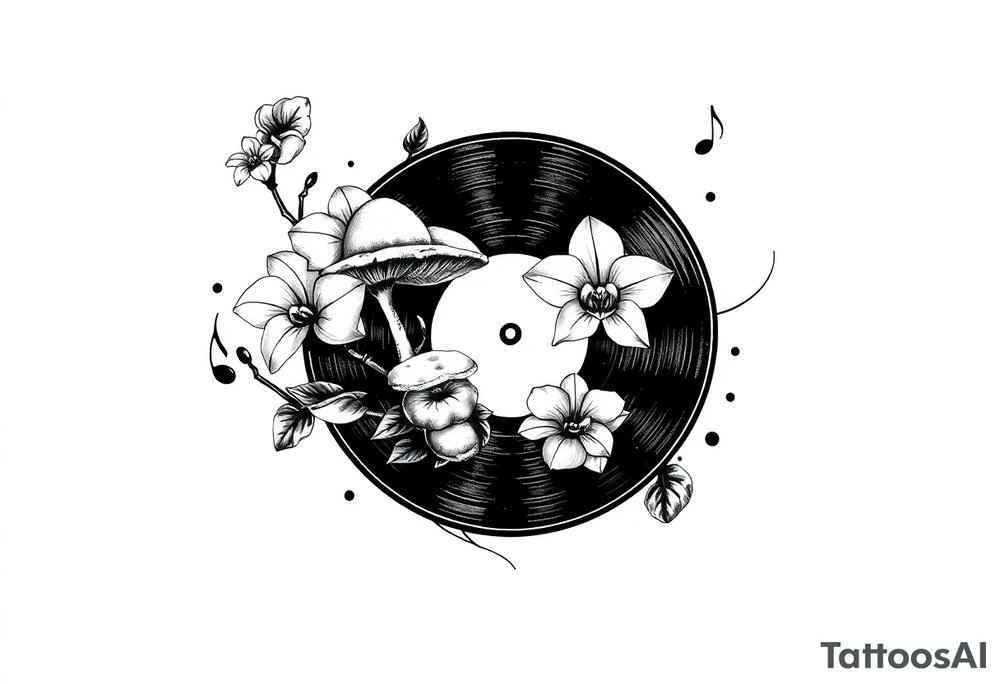 one black and white vinyl record with mushrooms, two orchids, and music notes around it tattoo idea