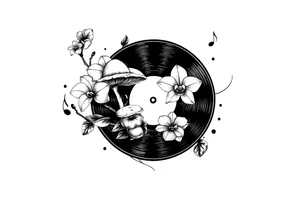 one black and white vinyl record with mushrooms, two orchids, and music notes around it tattoo idea