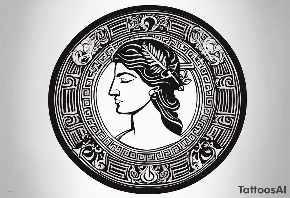 "Design a minimalist round tattoo inspired by ancient Greek art, centered around Dionysus and his love for theater. Create a circular composition with Dionysus depicted in the center, holding a theatrical mask and a goblet of wine. Surround him with simple yet symbolic elements such as geometric patterns reminiscent of ancient Greek pottery. Ensure the design maintains a minimalist style, with clean lines and limited detail, while capturing the essence of Dionysus's affinity for both wine and theater within the circular frame." tattoo idea