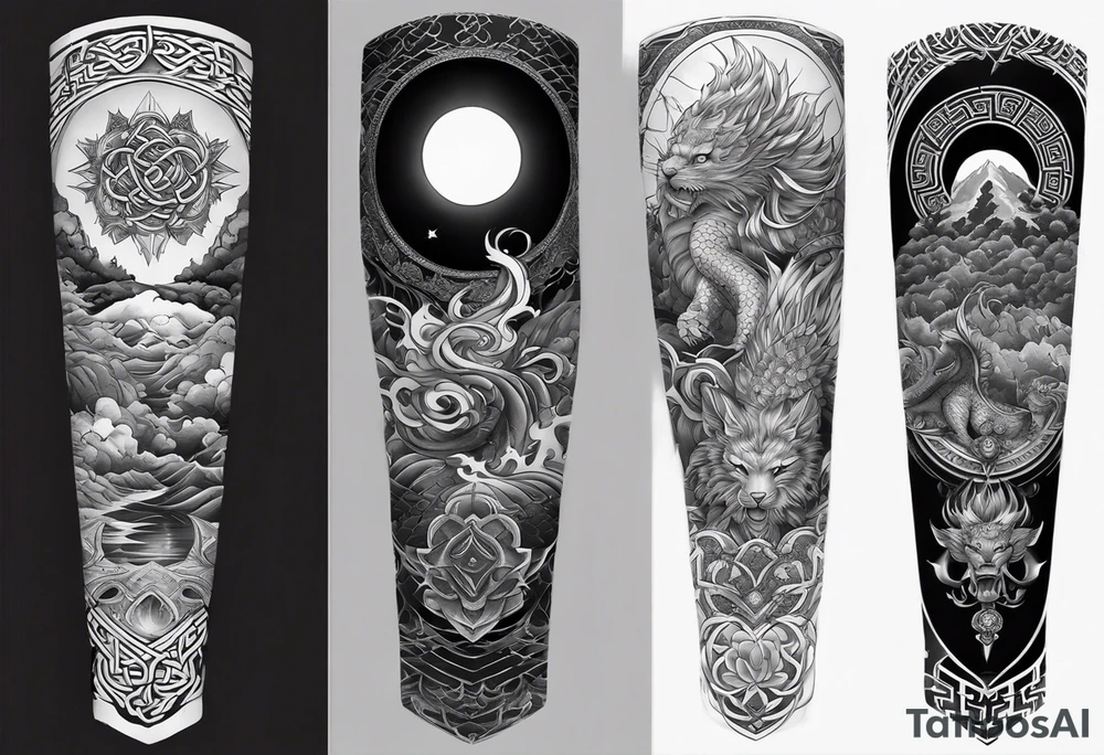 arm sleeve tattoo split into 3 different areas down the arm. the first area being Based on japanese Mythology. The 2nd one being based on Hindu mythology. and the 3rd one being based on celtic mythology tattoo idea