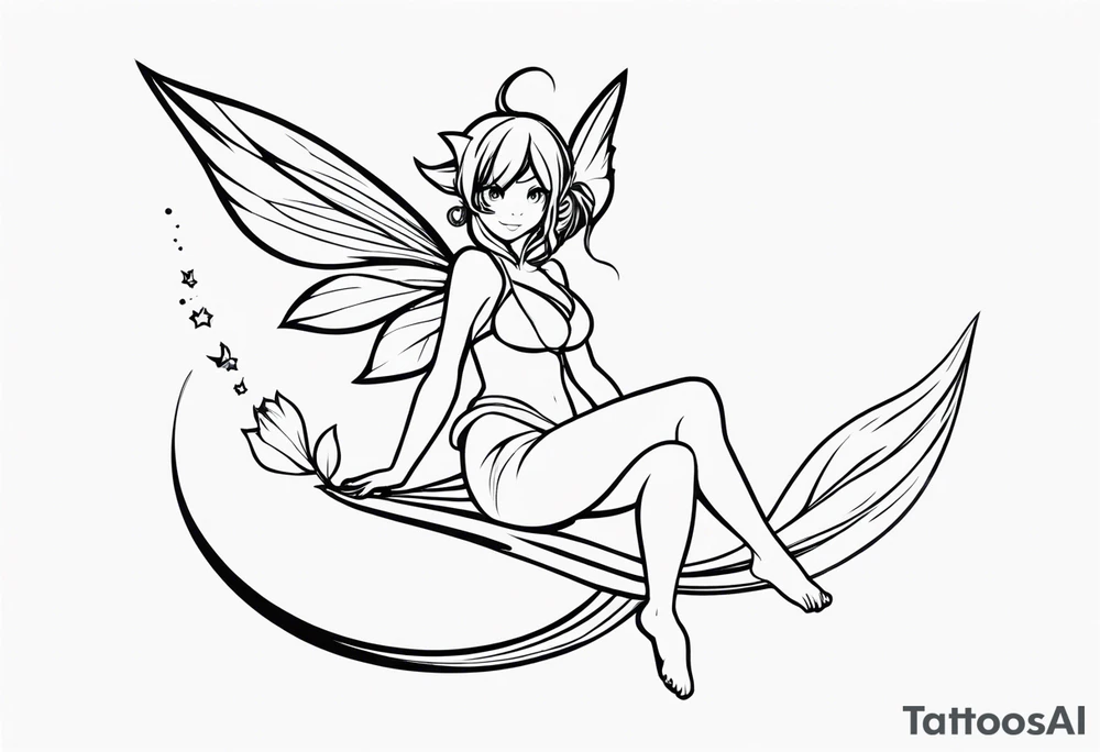 No color fairy with a tail inspired by the logo of the anime show called Fairy Tail in a fetal position leaning in and forward while in the air floating tattoo idea