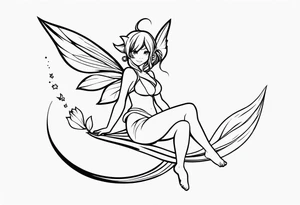 No color fairy with a tail inspired by the logo of the anime show called Fairy Tail in a fetal position leaning in and forward while in the air floating tattoo idea