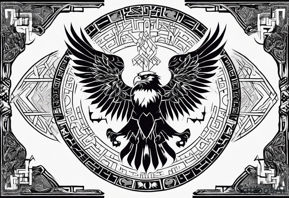 Polish eagle surrounded by viking runes sitting on the tree of life, scattered random geometric shapes and ancient artifacts, include Bruce Springsteens simply the best song tattoo idea