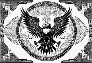 Polish eagle surrounded by viking runes sitting on the tree of life, scattered random geometric shapes and ancient artifacts, include Bruce Springsteens simply the best song tattoo idea